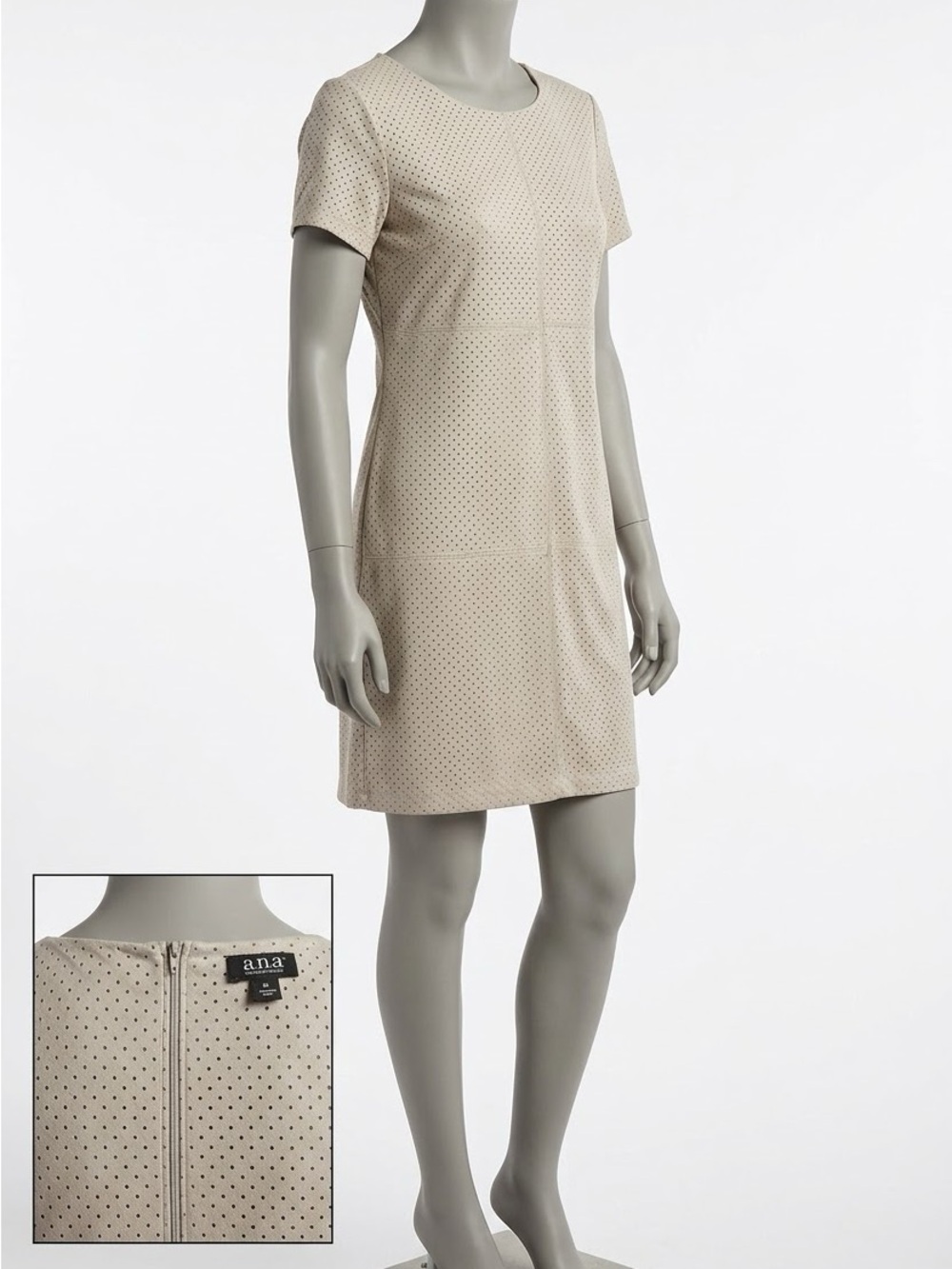 a.n.a Women’s Shift Dress Beige Black Polka Dot Round Neck Zip Stretch